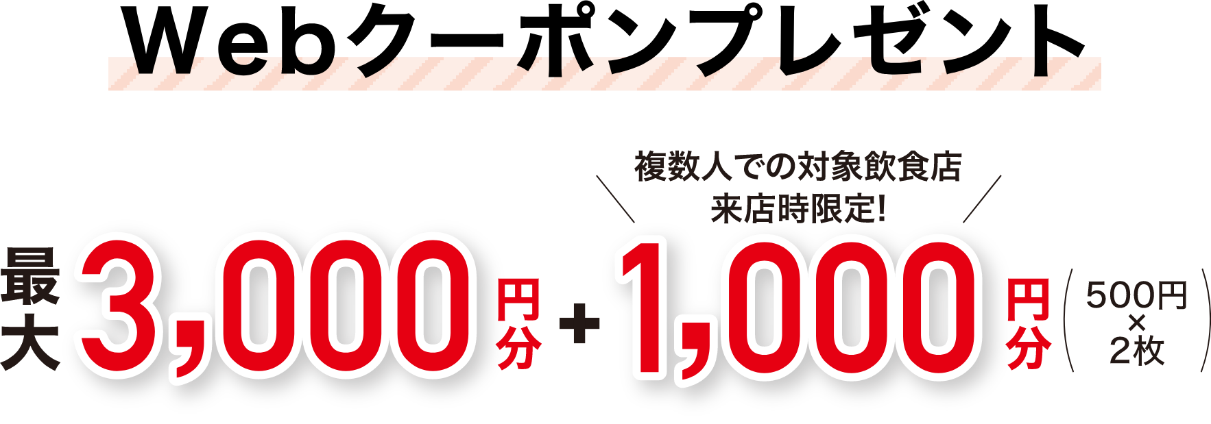 Webクーポンプレゼント 最大3,000円分 + 1,000円分 (500円×2枚) 複数人での対象飲食店来店時限定！