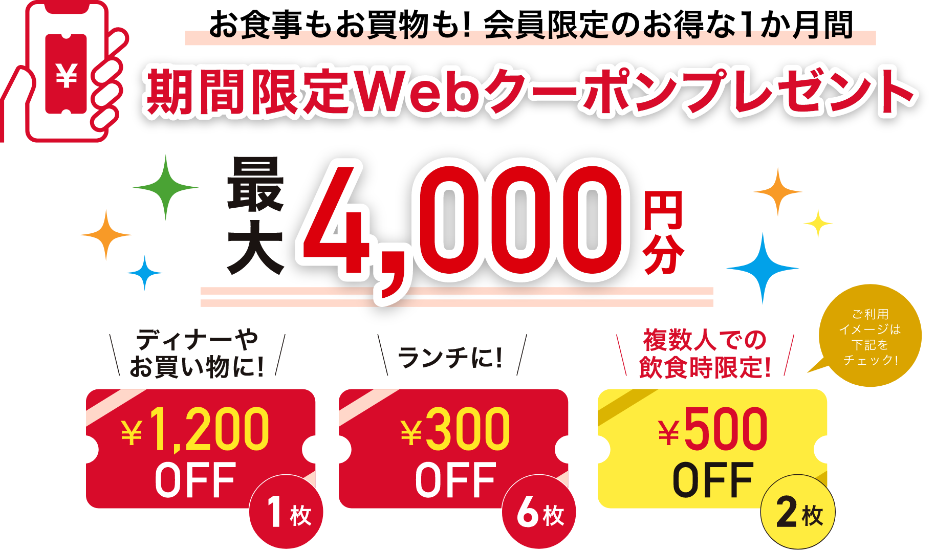 お食事もお買い物も！会員限定のお得な1ヶ月期間限定Webクーポンプレゼント 最大4000円分